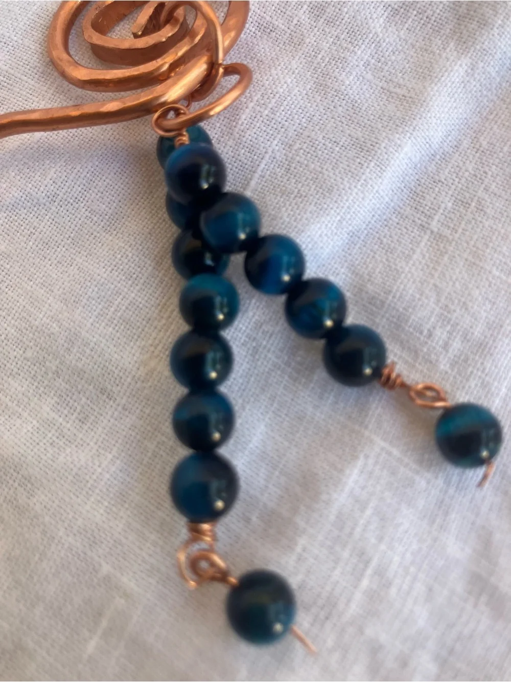 Handcrafted Hammered Copper Hair Pin with Blue Bead Dangles